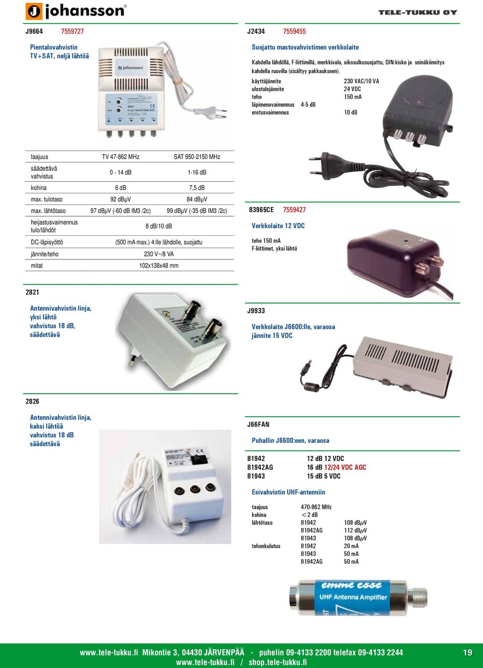 käyttöjännite 230 VAC/10 VA ulostulojännite 24 VDC teho 150 ma läpimenovaimennus 4-5 db erotusvaimennus 10 db TV 47-862 MHz SAT 950-2150 MHz säädettävä 0-14 db 1-16 db kohina 6 db 7,5 db max.