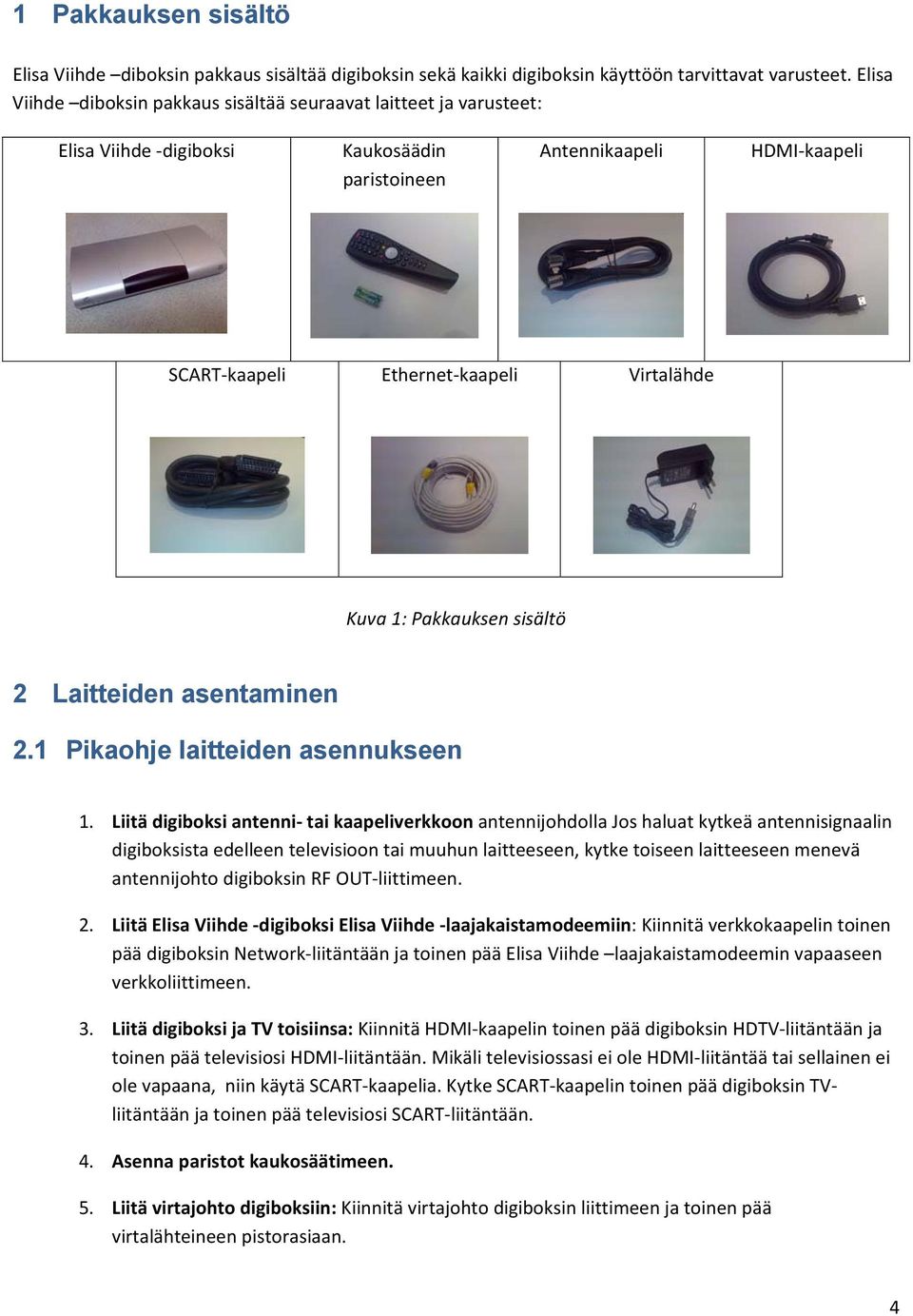 Pakkauksen sisältö 2 Laitteiden asentaminen 2.1 Pikaohje laitteiden asennukseen 1.