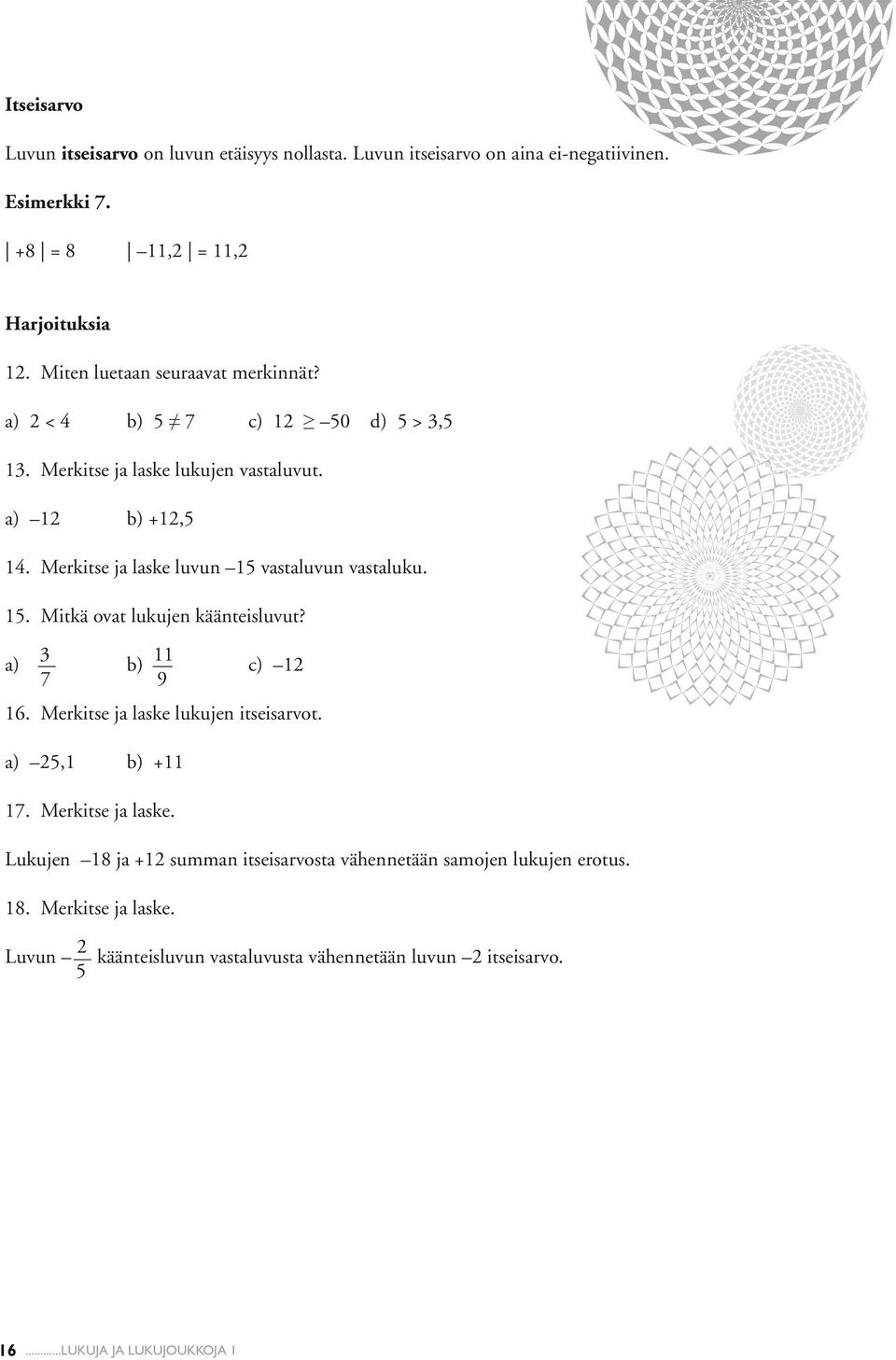 Merkitse ja laske luvun 15 vastaluvun vastaluku. 15. Mitkä ovat lukujen käänteisluvut? a) 3 b) 11 c) 12 7 9 16. Merkitse ja laske lukujen itseisarvot.