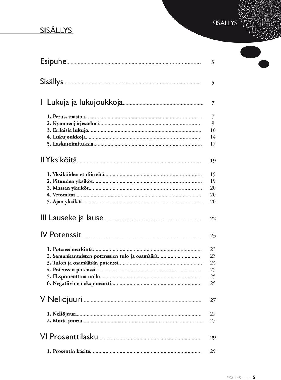 .. 20 III Lauseke ja lause... 22 IV Potenssit... 23 1. Potenssimerkintä... 23 2. Samankantaisten potenssien tulo ja osamäärä... 23 3. Tulon ja osamäärän potenssi... 24 4.