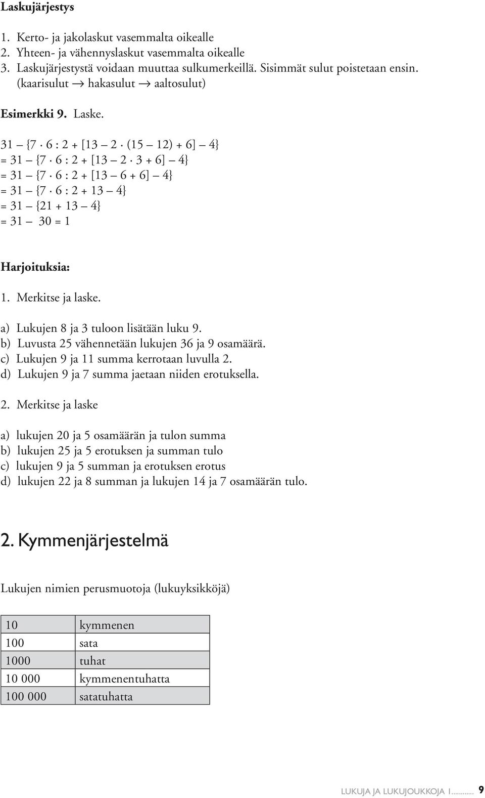 31 {7 6 : 2 + [13 2 (15 12) + 6] 4} = 31 {7 6 : 2 + [13 2 3 + 6] 4} = 31 {7 6 : 2 + [13 6 + 6] 4} = 31 {7 6 : 2 + 13 4} = 31 {21 + 13 4} = 31 30 = 1 Harjoituksia: 1. Merkitse ja laske.