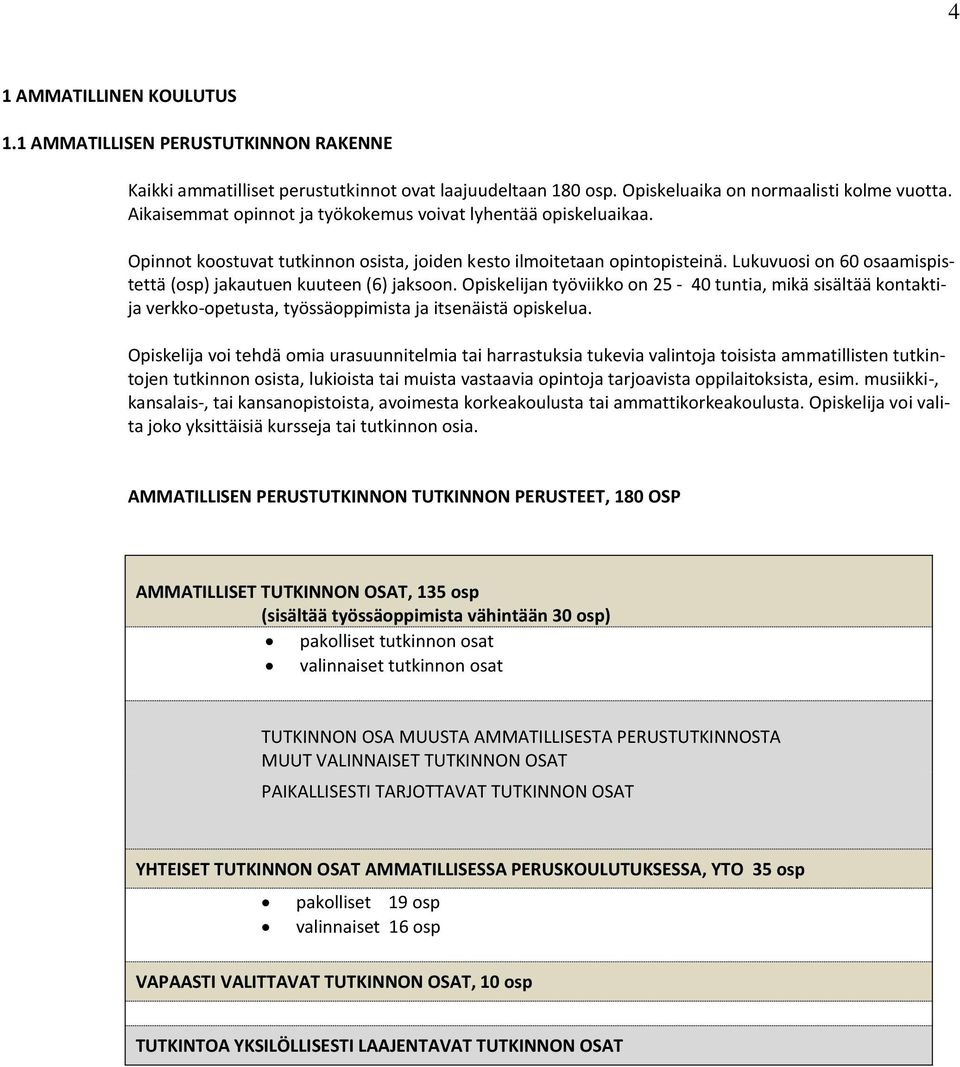 Lukuvuosi on 60 osaamispistettä (osp) jakautuen kuuteen (6) jaksoon. Opiskelijan työviikko on 25-40 tuntia, mikä sisältää kontaktija verkko-opetusta, työssäoppimista ja itsenäistä opiskelua.