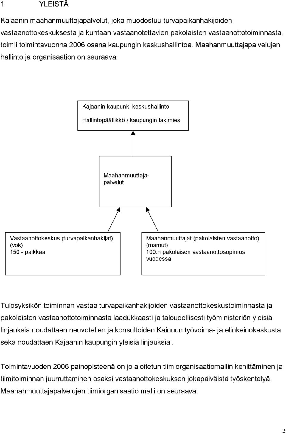 Maahanmuuttajapalvelujen hallinto ja organisaation on seuraava: Kajaanin kaupunki keskushallinto Hallintopäällikkö / kaupungin lakimies Maahanmuuttajapalvelut Vastaanottokeskus (turvapaikanhakijat)
