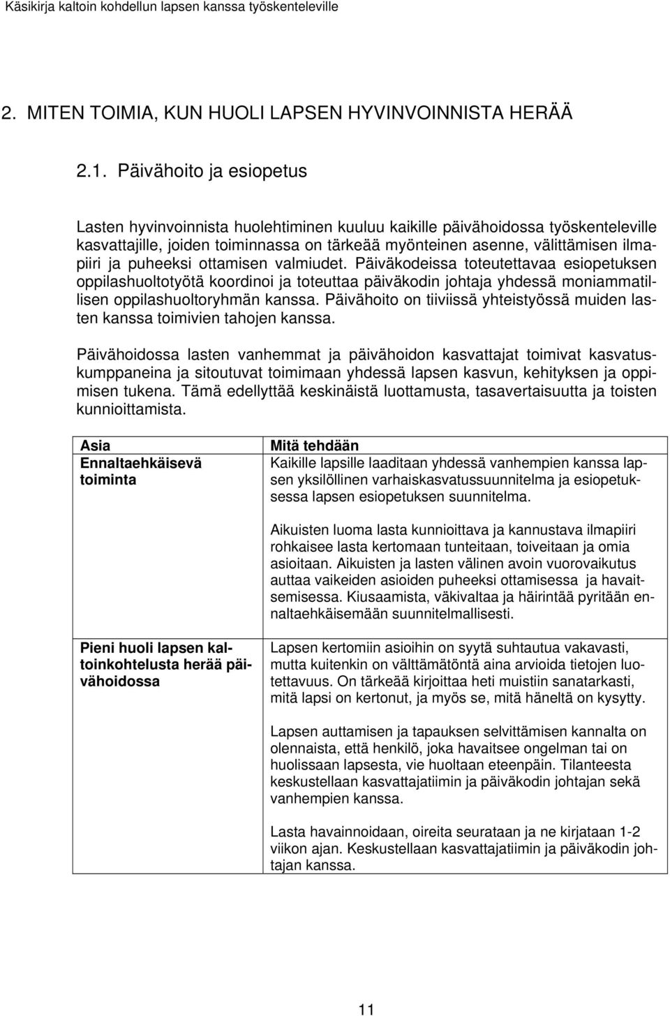 puheeksi ottamisen valmiudet. Päiväkodeissa toteutettavaa esiopetuksen oppilashuoltotyötä koordinoi ja toteuttaa päiväkodin johtaja yhdessä moniammatillisen oppilashuoltoryhmän kanssa.