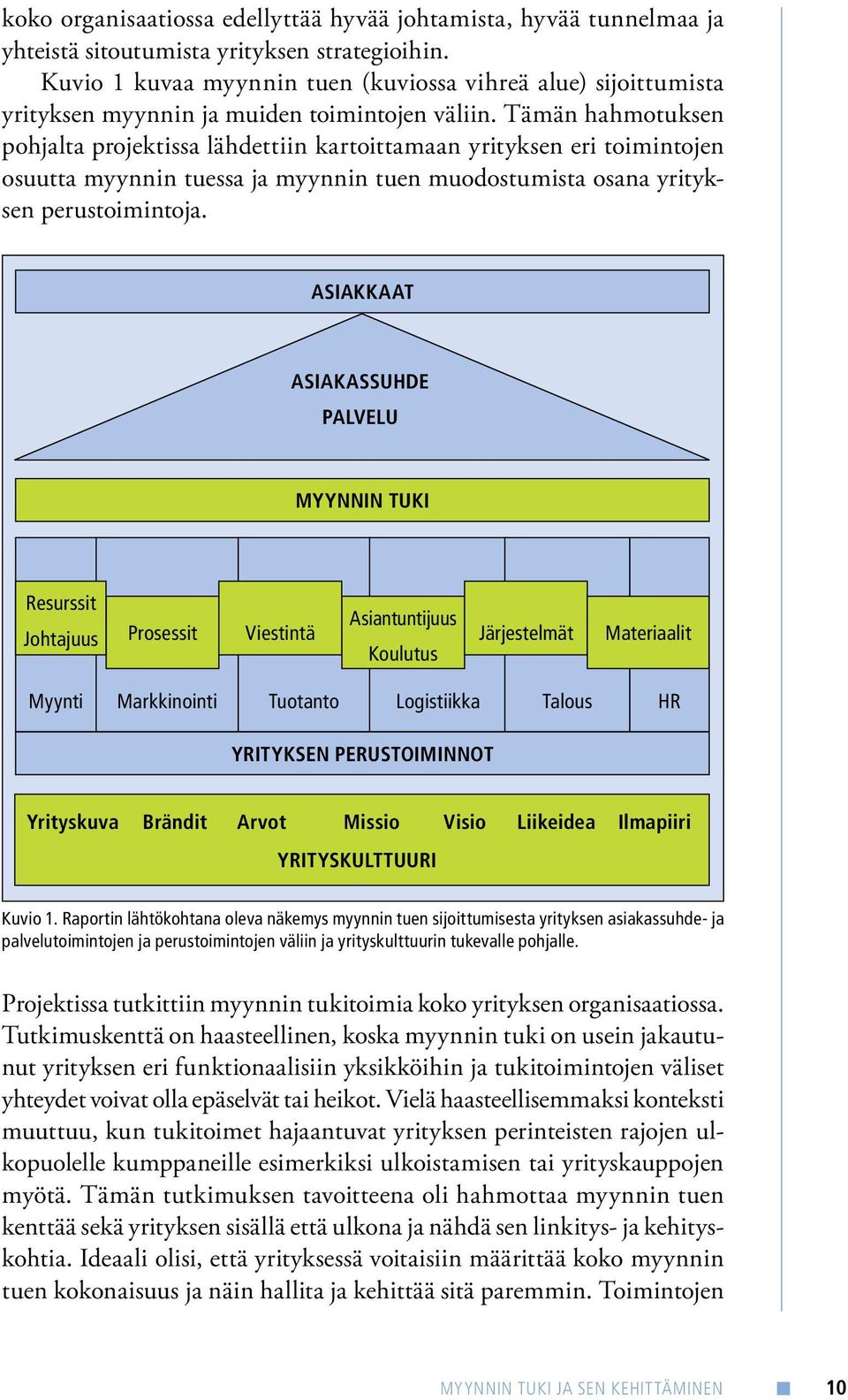 Tämän hahmotuksen pohjalta projektissa lähdettiin kartoittamaan yrityksen eri toimintojen osuutta myynnin tuessa ja myynnin tuen muodostumista osana yrityksen perustoimintoja.