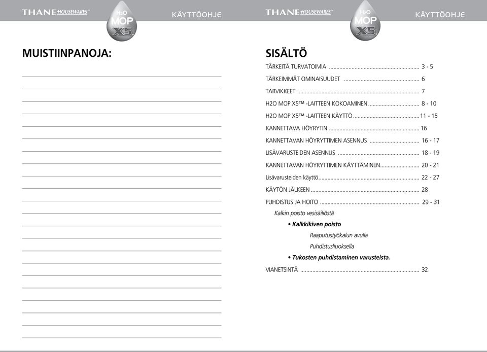 .. 18-19 KANNETTAVAN HÖYRYTTIMEN KÄYTTÄMINEN... 20-21 Lisävarusteiden käyttö... 22-27 KÄYTÖN JÄLKEEN... 28 PUHDISTUS JA HOITO.