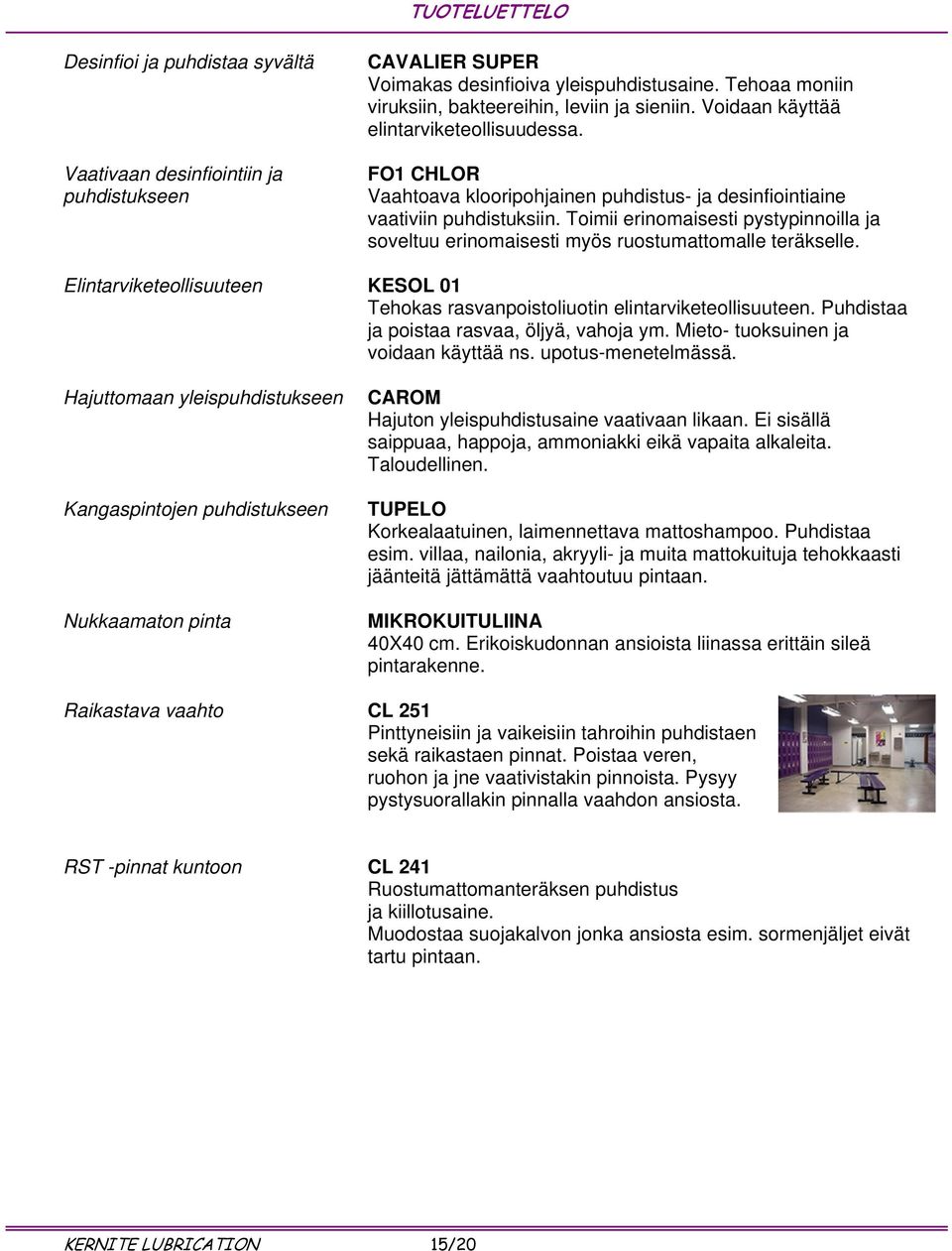 Toimii erinomaisesti pystypinnoilla ja soveltuu erinomaisesti myös ruostumattomalle teräkselle. Elintarviketeollisuuteen KESOL 01 Tehokas rasvanpoistoliuotin elintarviketeollisuuteen.