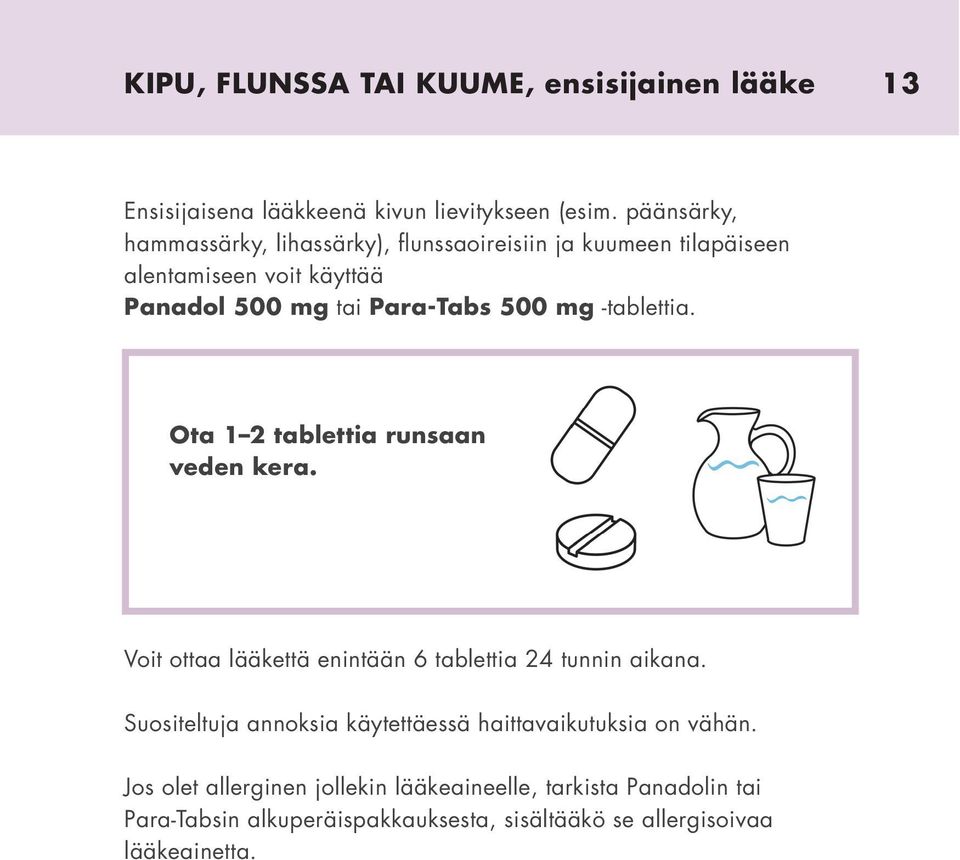 mg -tablettia. Ota 1 2 tablettia runsaan veden kera. Voit ottaa lääkettä enintään 6 tablettia 24 tunnin aikana.