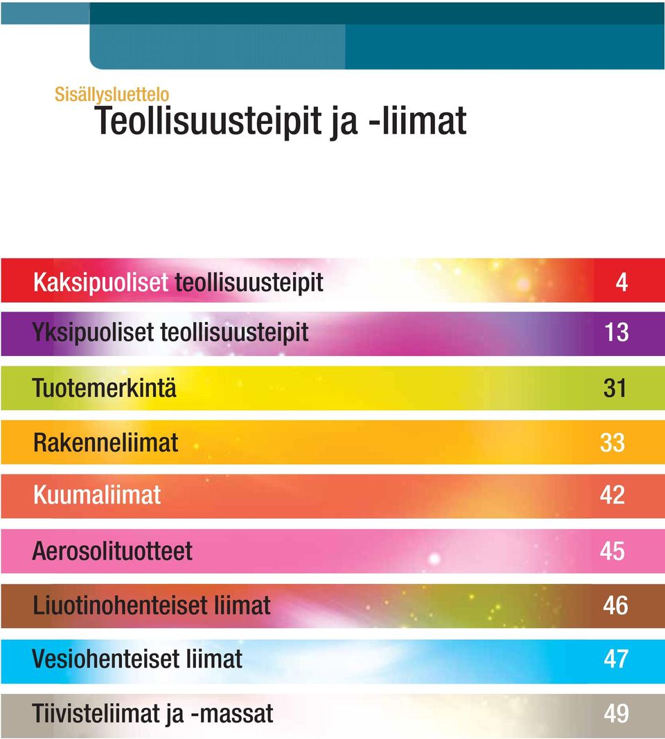 31 Rakenneliimat 33 Kuumaliimat 42 Aerosolituotteet 45