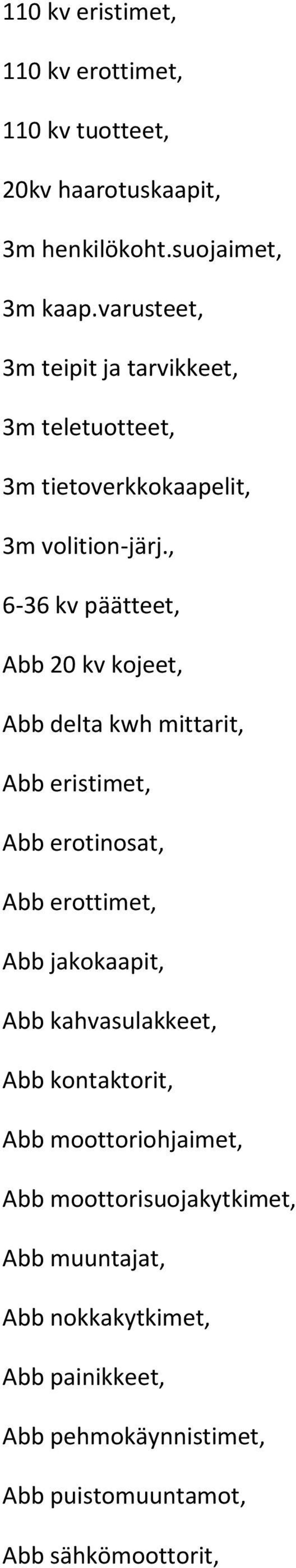 , 6-36 kv päätteet, Abb 20 kv kojeet, Abb delta kwh mittarit, Abb eristimet, Abb erotinosat, Abb erottimet, Abb jakokaapit, Abb