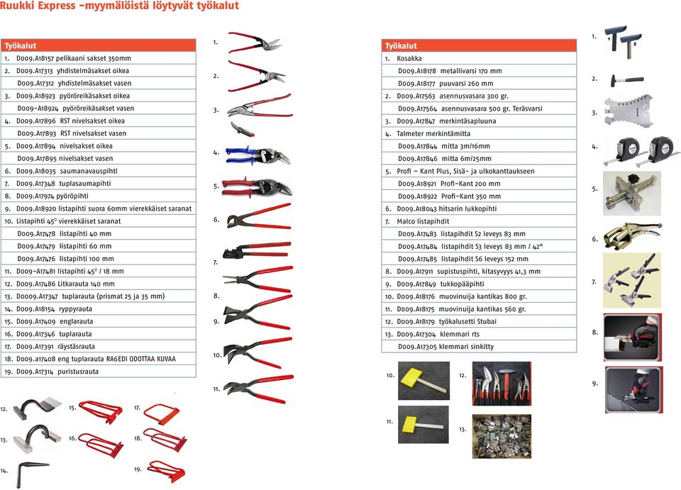 Teräsvarsi 3. D009.A17847 merkintäsapluuna 3. D009.A17893 RST nivelsakset vasen 4. Talmeter merkintämitta 5. D009.A17894 nivelsakset oikea D009.A17895 nivelsakset vasen 4. D009.A17844 mitta 3m/16mm D009.
