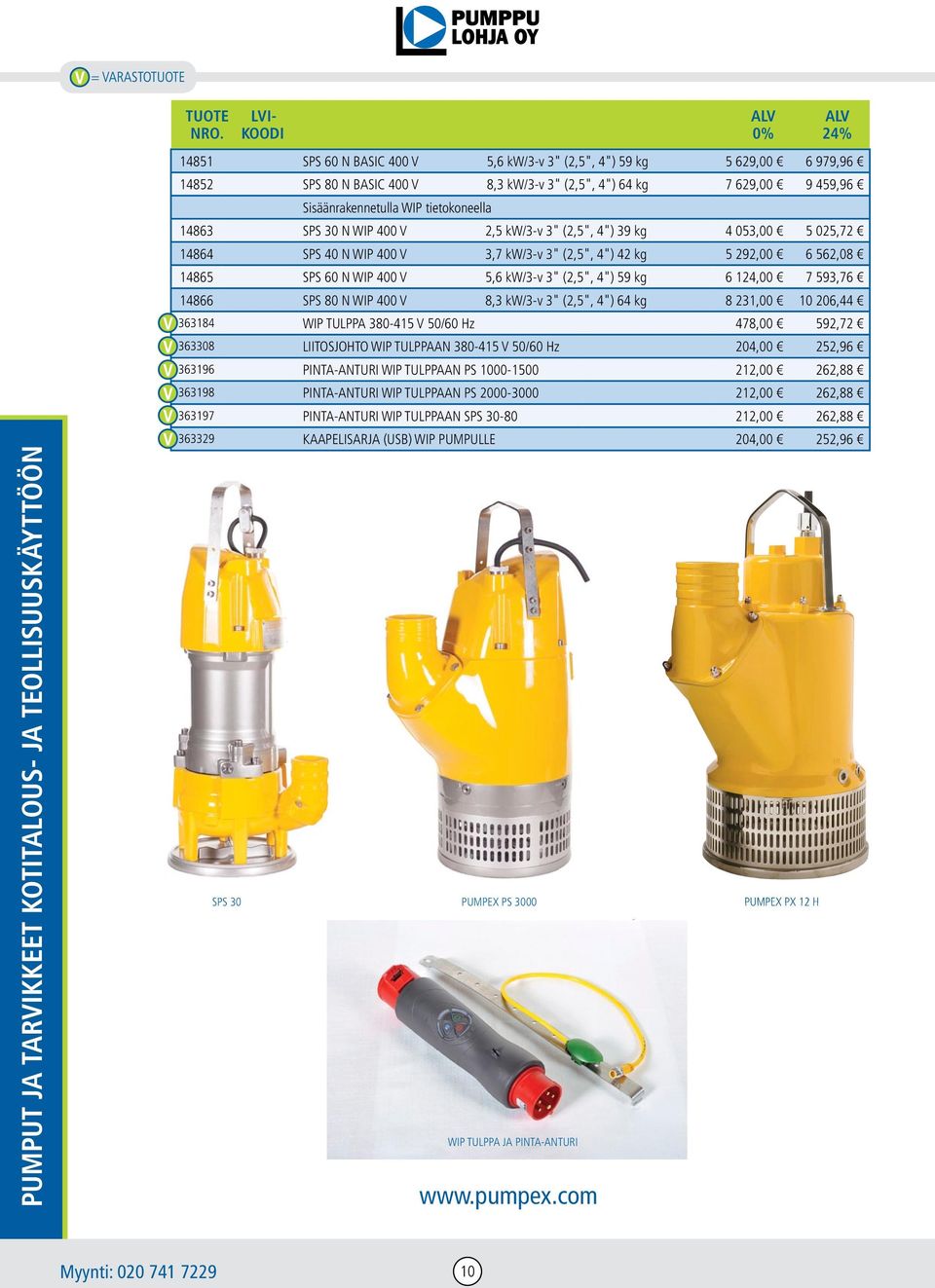 562,08 14865 SPS 60 N WIP 400 V 5,6 kw/3-v 3" (2,5", 4") 59 kg 6 124,00 7 593,76 14866 SPS 80 N WIP 400 V 8,3 kw/3-v 3" (2,5", 4") 64 kg 8 231,00 10 206,44 363184 WIP TULPPA 380-415 V 50/60 Hz 478,00