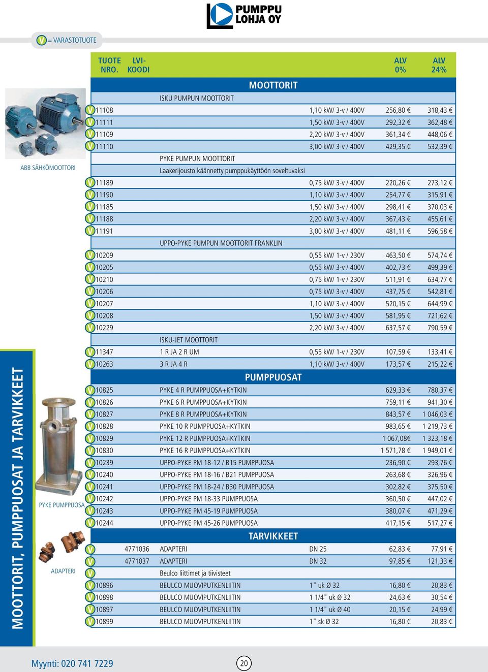 1,10 kw/ 3-v / 400V 254,77 315,91 11185 1,50 kw/ 3-v / 400V 298,41 370,03 11188 2,20 kw/ 3-v / 400V 367,43 455,61 11191 3,00 kw/ 3-v / 400V 481,11 596,58 UPPO-PYKE PUMPUN MOOTTORIT FRANKLIN 10209