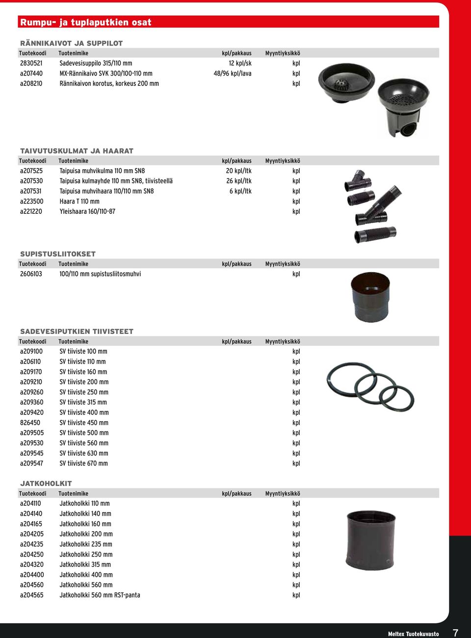 6 kpl/ltk kpl a223500 Haara T 110 mm kpl a221220 Yleishaara 160/110-87 kpl Supistusliitokset 2606103 100/110 mm supistusliitosmuhvi kpl Sadevesiputkien tiivisteet a209100 SV tiiviste 100 mm kpl