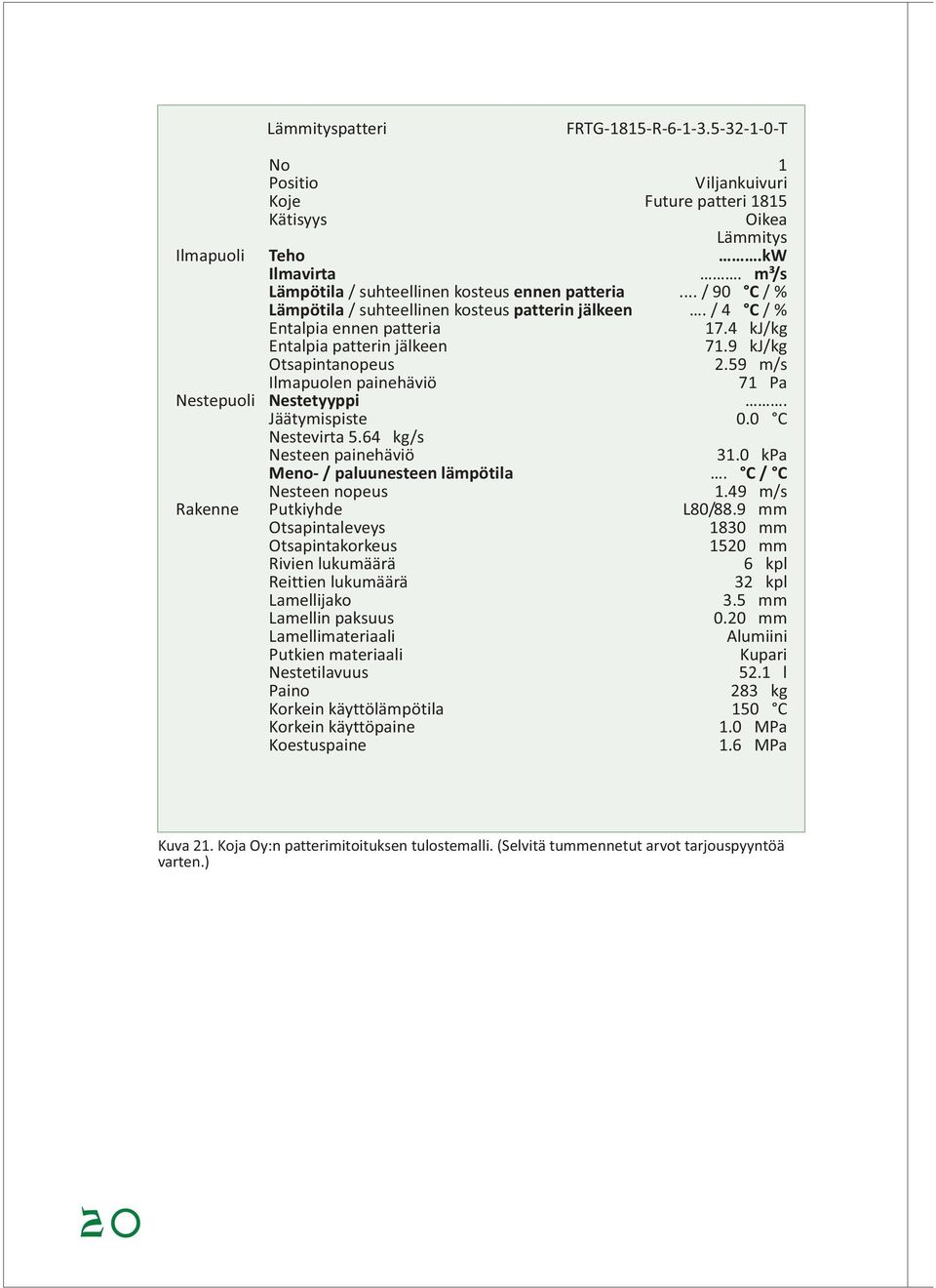 9 kj/kg Otsapintanopeus 2.59 m/s Ilmapuolen painehäviö 71 Pa Nestepuoli Nestetyyppi. Jäätymispiste 0.0 C Nestevirta 5.64 kg/s Nesteen painehäviö 31.0 kpa Meno- / paluunesteen lämpötila.