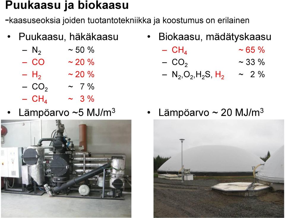 ~ 20 % CO 2 ~ 7 % CH 4 ~ 3 % Lämpöarvo ~5 MJ/m 3 Biokaasu,