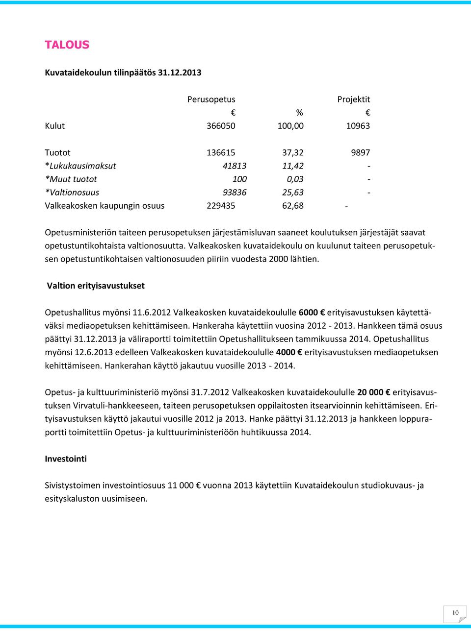 62,68 - Opetusministeriön taiteen perusopetuksen järjestämisluvan saaneet koulutuksen järjestäjät saavat opetustuntikohtaista valtionosuutta.