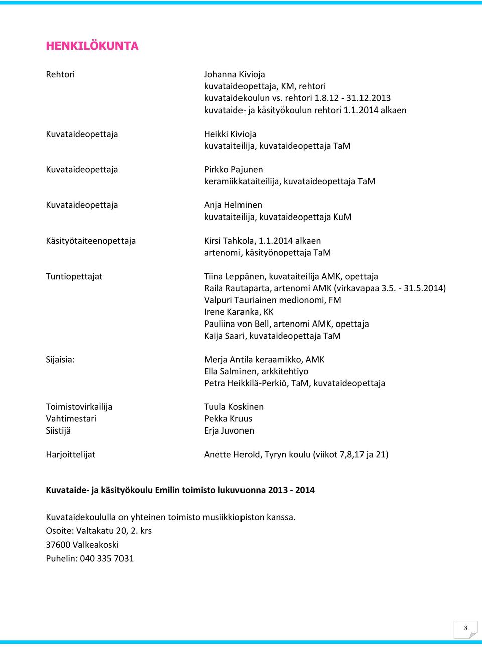 8.12-31.12.2013 kuvataide- ja käsityökoulun rehtori 1.1.2014 alkaen Heikki Kivioja kuvataiteilija, kuvataideopettaja TaM Pirkko Pajunen keramiikkataiteilija, kuvataideopettaja TaM Anja Helminen kuvataiteilija, kuvataideopettaja KuM Kirsi Tahkola, 1.