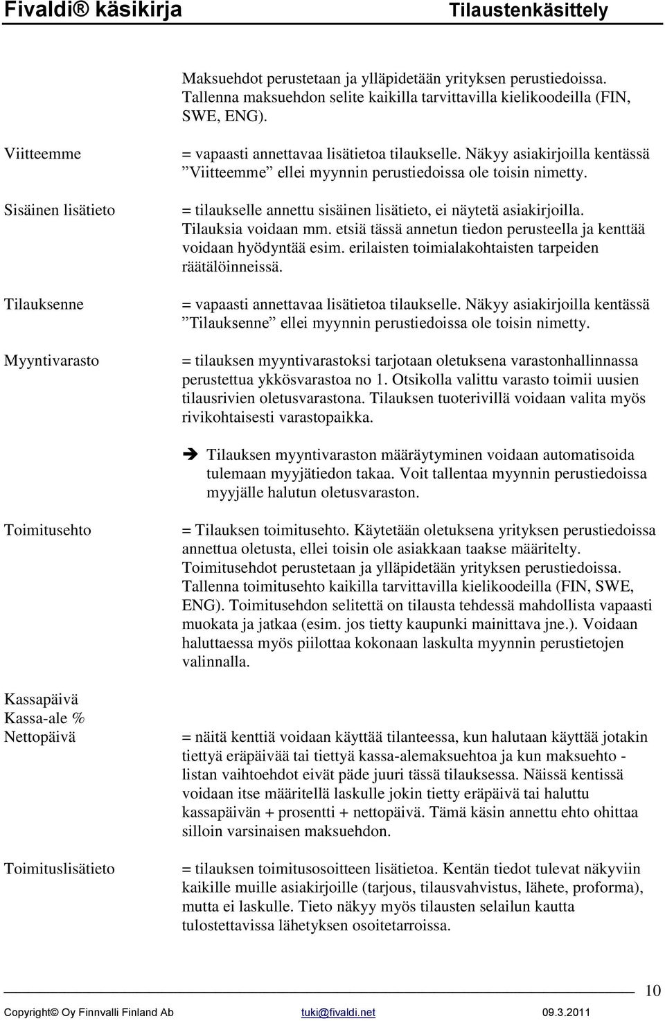 = tilaukselle annettu sisäinen lisätieto, ei näytetä asiakirjoilla. Tilauksia voidaan mm. etsiä tässä annetun tiedon perusteella ja kenttää voidaan hyödyntää esim.