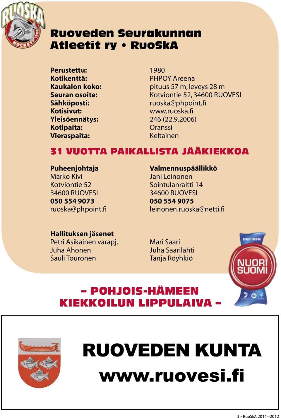 2006) Kotipaita: Oranssi Vieraspaita: Keltainen 31 VUOTTA PAIKALLISTA JÄÄKIEKKOA Puheenjohtaja Marko Kivi Kotviontie 52 Sointulanraitti 14 34600 RUOVESI 34600 RUOVESI