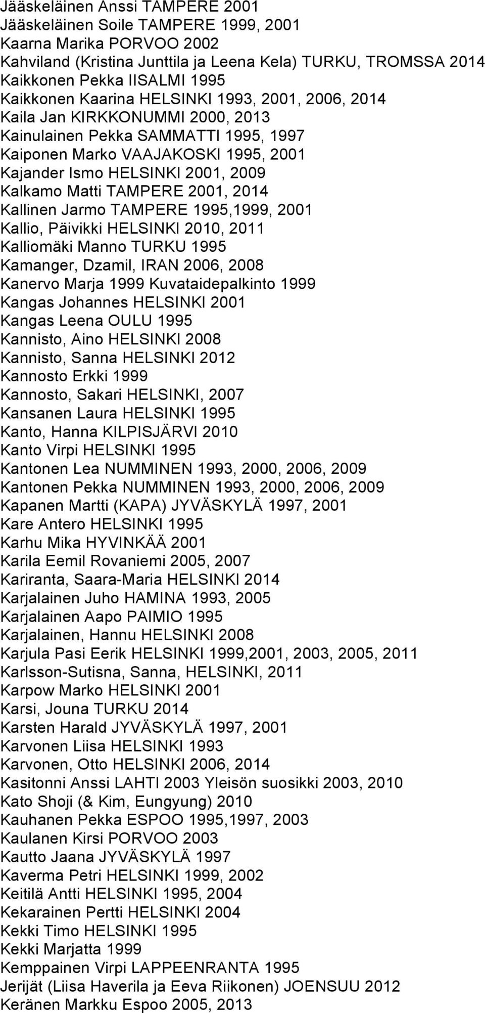 TAMPERE 2001, 2014 Kallinen Jarmo TAMPERE 1995,1999, 2001 Kallio, Päivikki HELSINKI 2010, 2011 Kalliomäki Manno TURKU 1995 Kamanger, Dzamil, IRAN 2006, 2008 Kanervo Marja 1999 Kuvataidepalkinto 1999