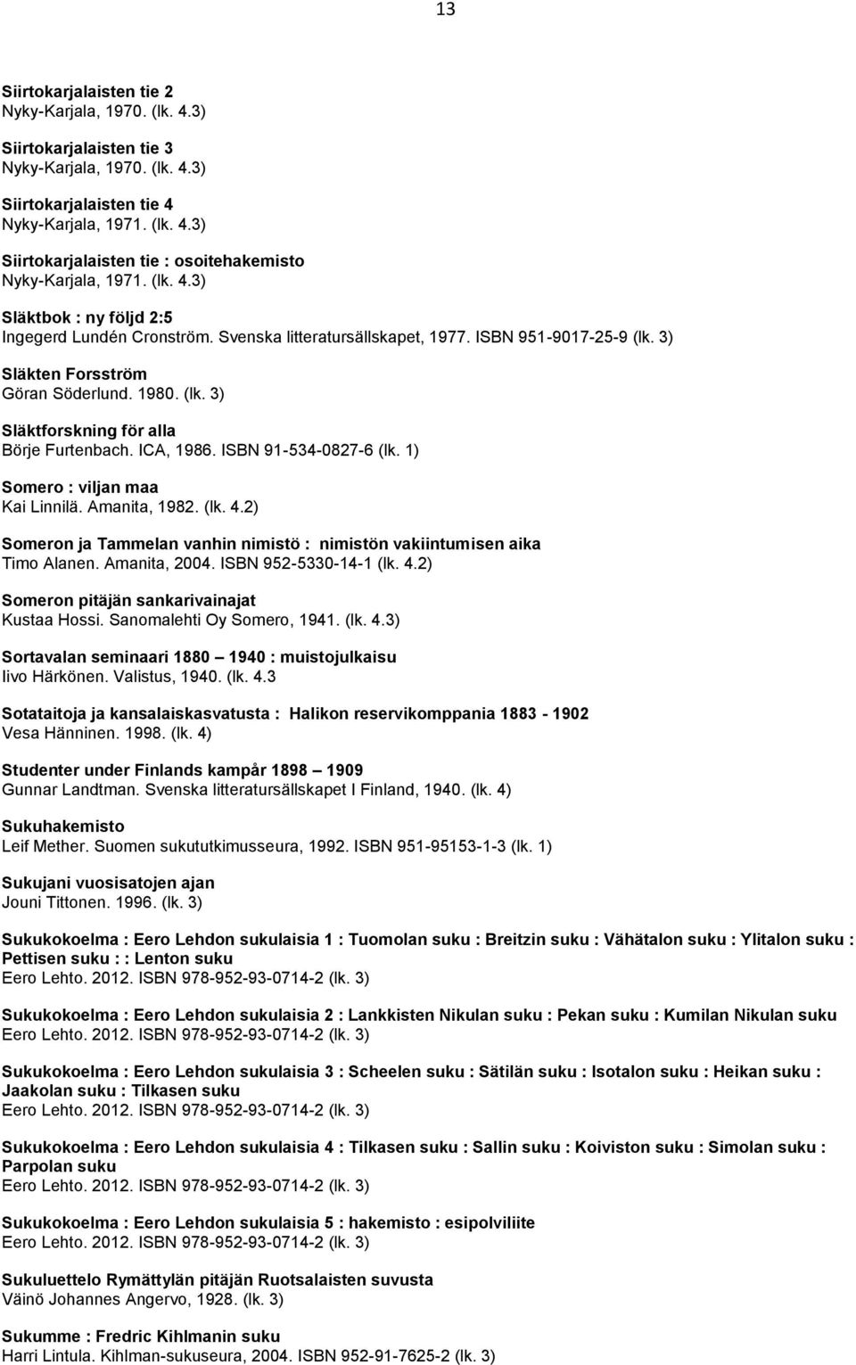 ICA, 1986. ISBN 91-534-0827-6 (lk. 1) Somero : viljan maa Kai Linnilä. Amanita, 1982. (lk. 4.2) Someron ja Tammelan vanhin nimistö : nimistön vakiintumisen aika Timo Alanen. Amanita, 2004.