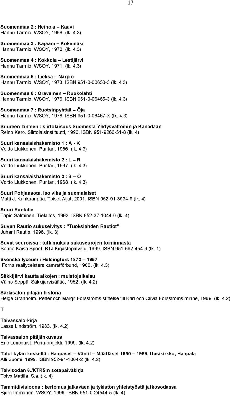 ISBN 951-0-06467-X (lk. 4.3) Suureen länteen : siirtolaisuus Suomesta Yhdysvaltoihin ja Kanadaan Reino Kero. Siirtolaisinstituutti, 1996. ISBN 951-9266-51-8 (lk.