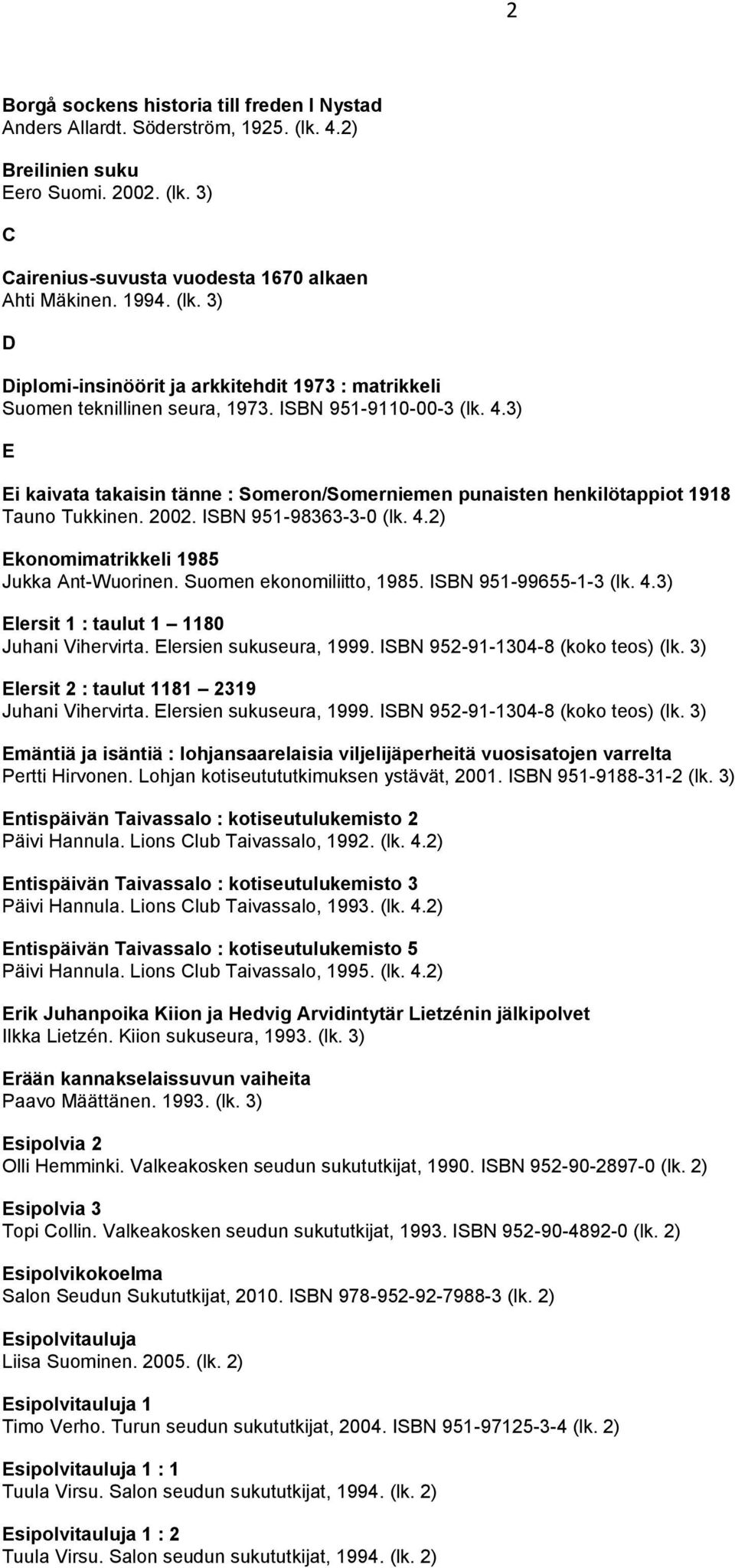 Suomen ekonomiliitto, 1985. ISBN 951-99655-1-3 (lk. 4.3) Elersit 1 : taulut 1 1180 Juhani Vihervirta. Elersien sukuseura, 1999. ISBN 952-91-1304-8 (koko teos) (lk.