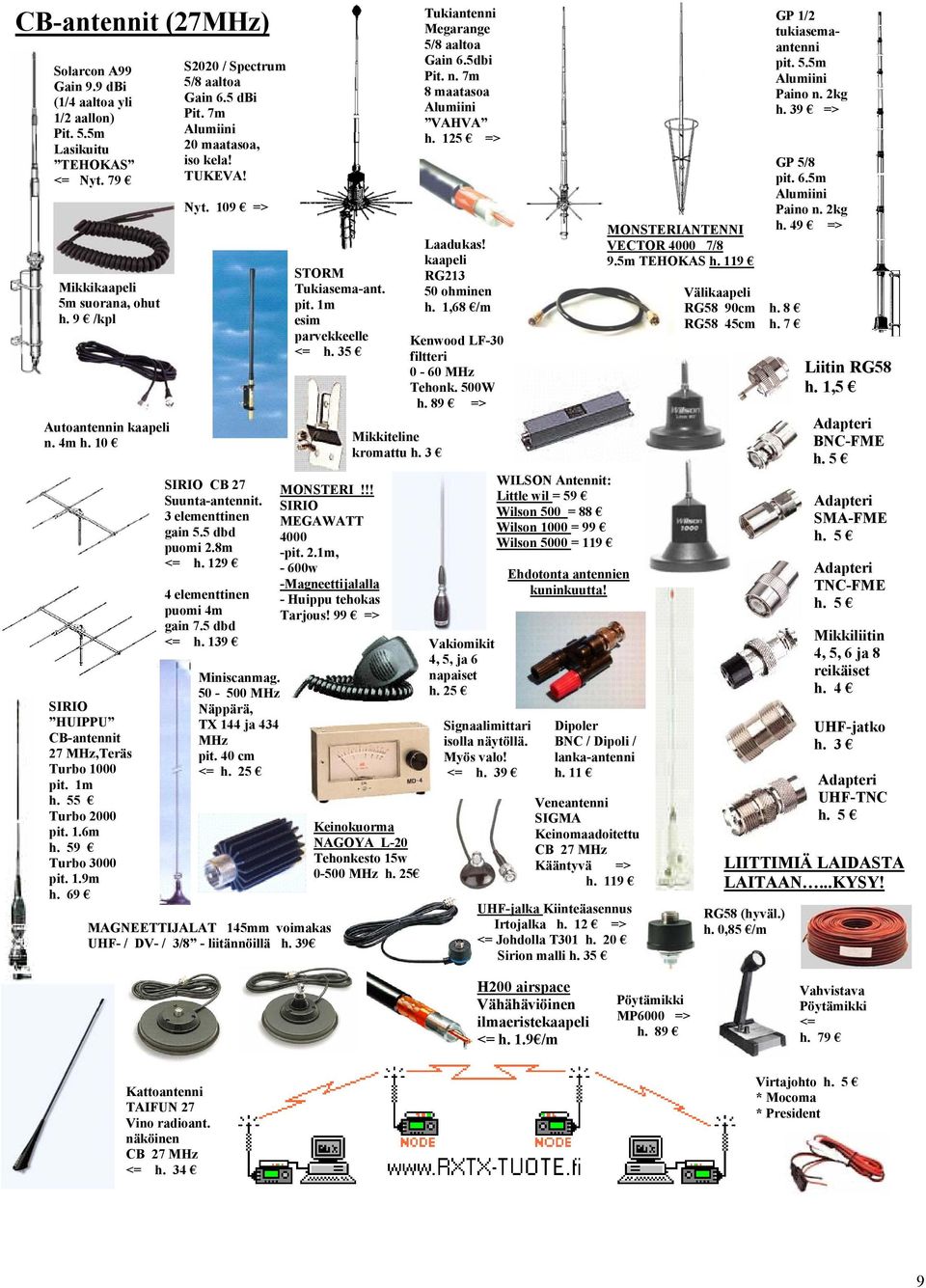 TUKEVA! Nyt. 109 => SIRIO CB 27 Suunta-antennit. 3 elementtinen gain 5.5 dbd puomi 2.8m <= h. 129 4 elementtinen puomi 4m gain 7.5 dbd <= h. 139 Miniscanmag. 50-500 MHz Näppärä, TX 144 ja 434 MHz pit.