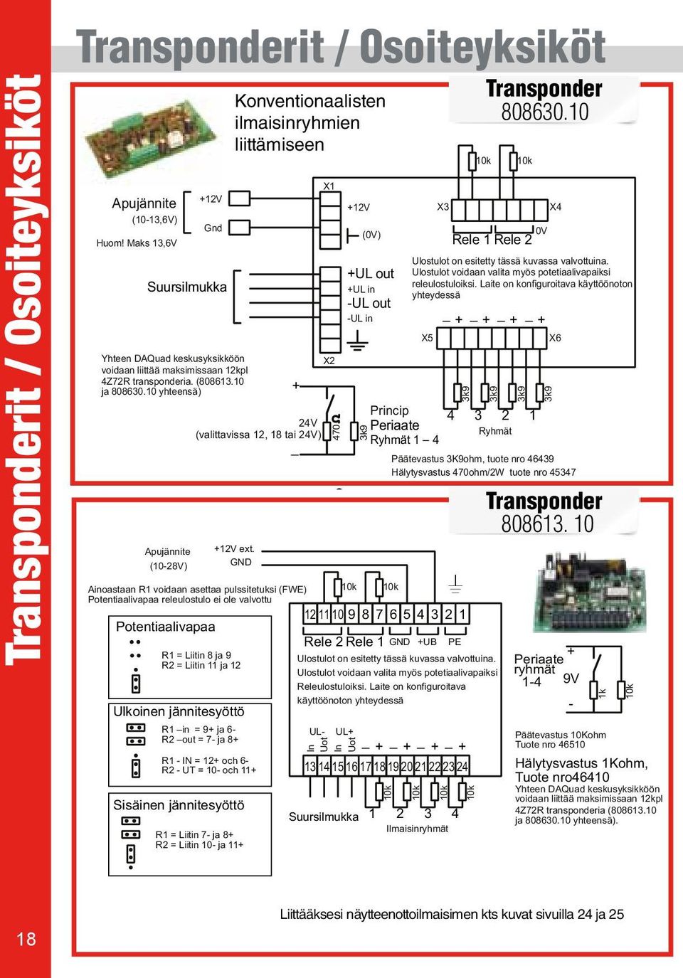 GND Ulkoinen jännitesyöttö R in = 9 ja R out = ja R IN = och R UT = 0 och Sisäinen jännitesyöttö X X 0 V (0V) UL out UL in UL out UL in k9 X X 0V Rele Rele k9 k9 k9 Princip Periaate Ryhmät Ryhmät