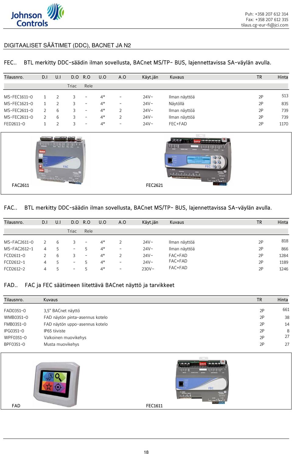 24V~ Ilman näyttöä 2P 739 FED2611-0 1 2 3-4* - 24V~ FEC+FAD 2P 1170 FAC2611 FEC2621 FAC.. BTL merkitty DDC-säädin ilman sovellusta, BACnet MS/TP- BUS, lajennettavissa SA-väylän avulla. Tilausnro. D.I U.