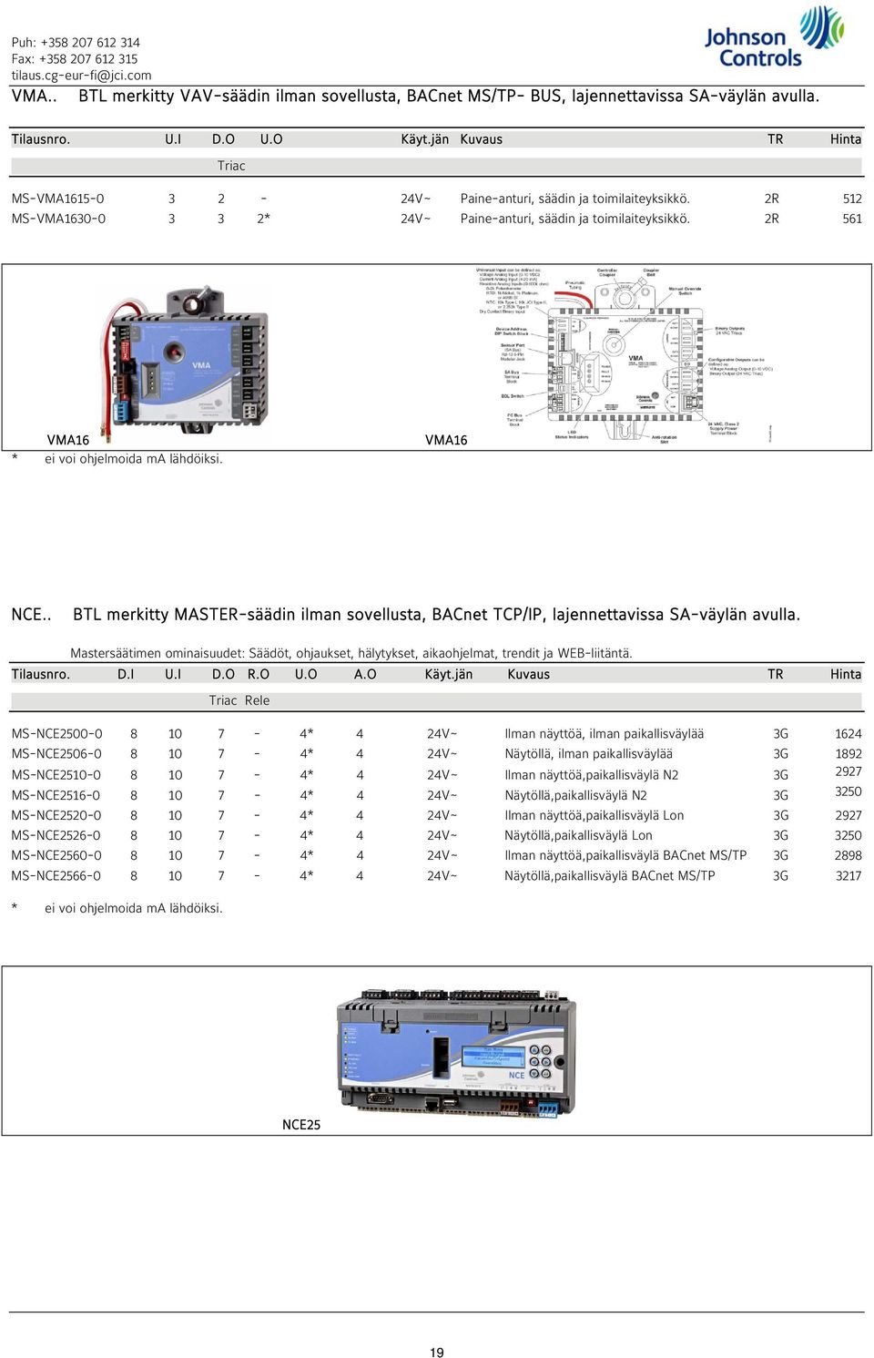 2R 561 VMA16 * ei voi ohjelmoida ma lähdöiksi. VMA16 NCE.. BTL merkitty MASTER-säädin ilman sovellusta, BACnet TCP/IP, lajennettavissa SA-väylän avulla.