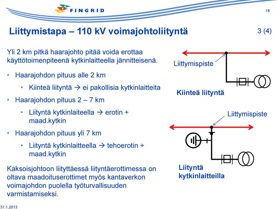 Haarajohdon pituus alle 2 km Kiinteä liityntä ei pakollisia kytkinlaitteita Haarajohdon pituus 2 7 km Liityntä kytkinlaiteella erotin + maad.