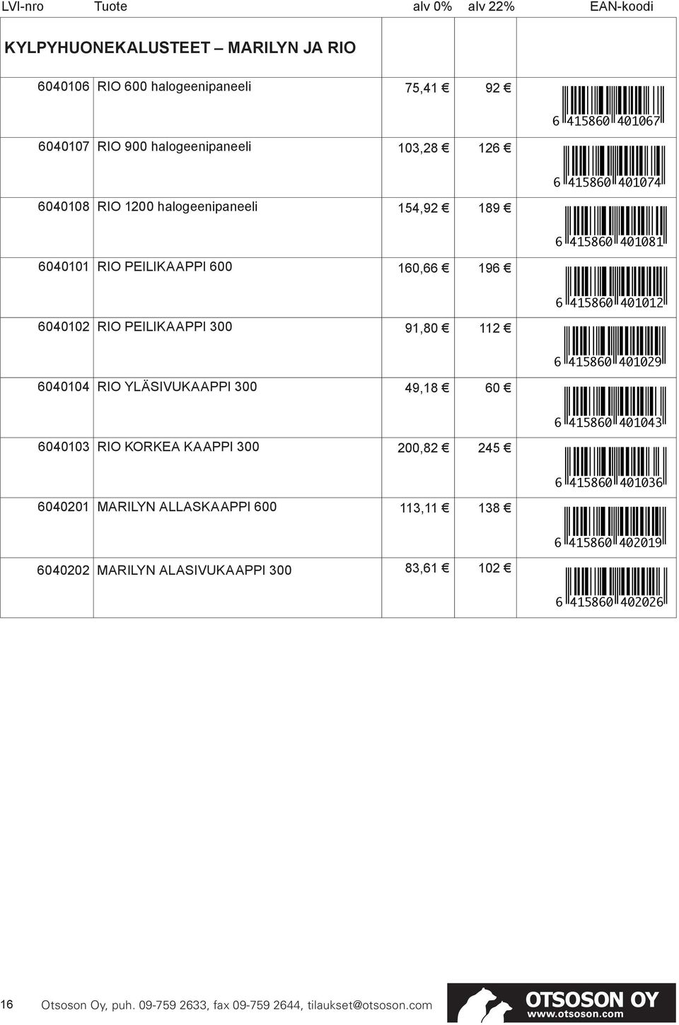 RIO PEILIKAAPPI 300 91,80 112 6 415860 401029 6040104 RIO YLÄSIVUKAAPPI 300 49,18 60 6 415860 401043 6040103 RIO KORKEA KAAPPI 300 200,82