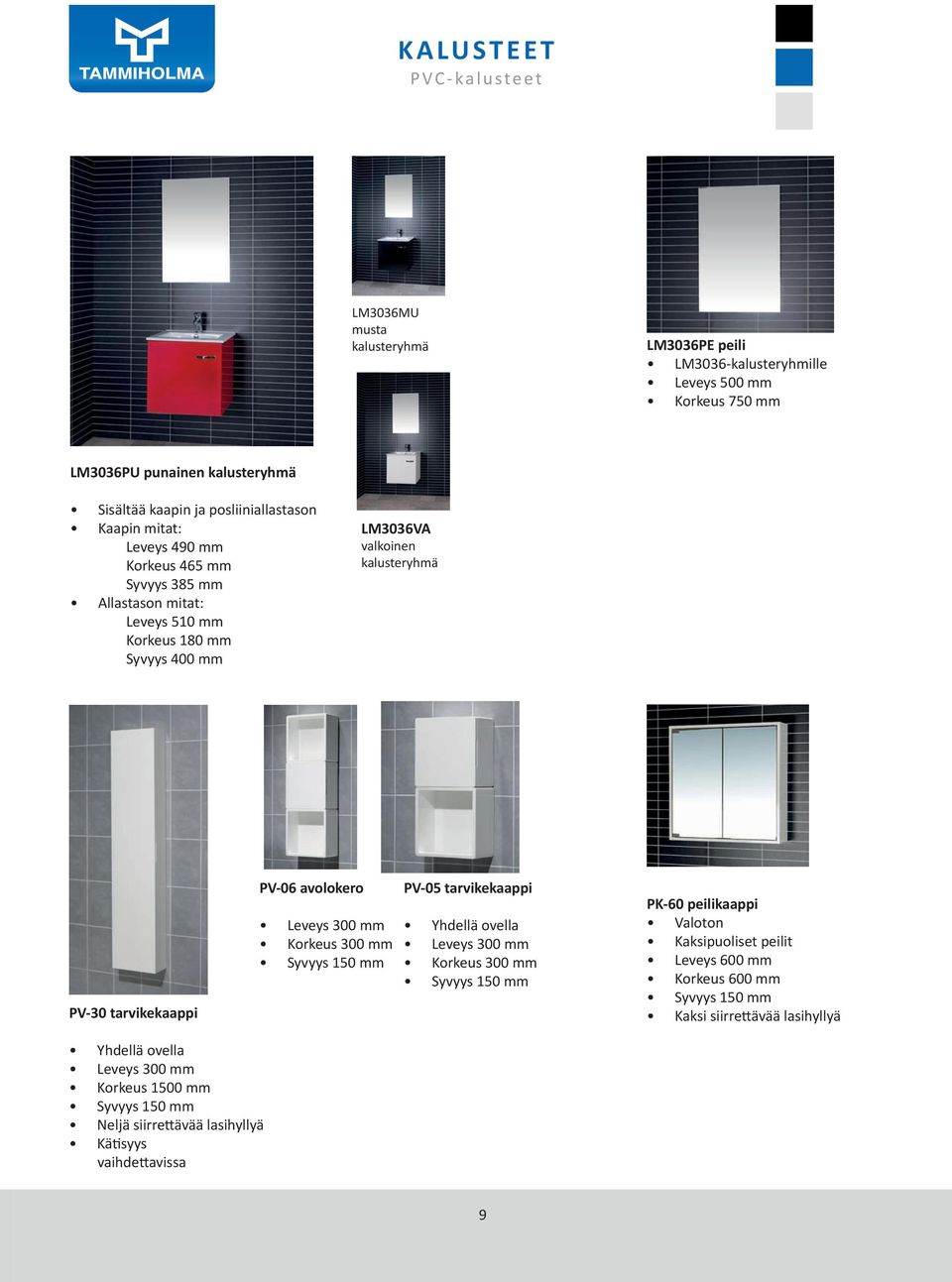 tarvikekaappi PV-06 avolokero Leveys 300 mm Korkeus 300 mm Syvyys 150 mm PV-05 tarvikekaappi Yhdellä ovella Leveys 300 mm Korkeus 300 mm Syvyys 150 mm PK-60 peilikaappi