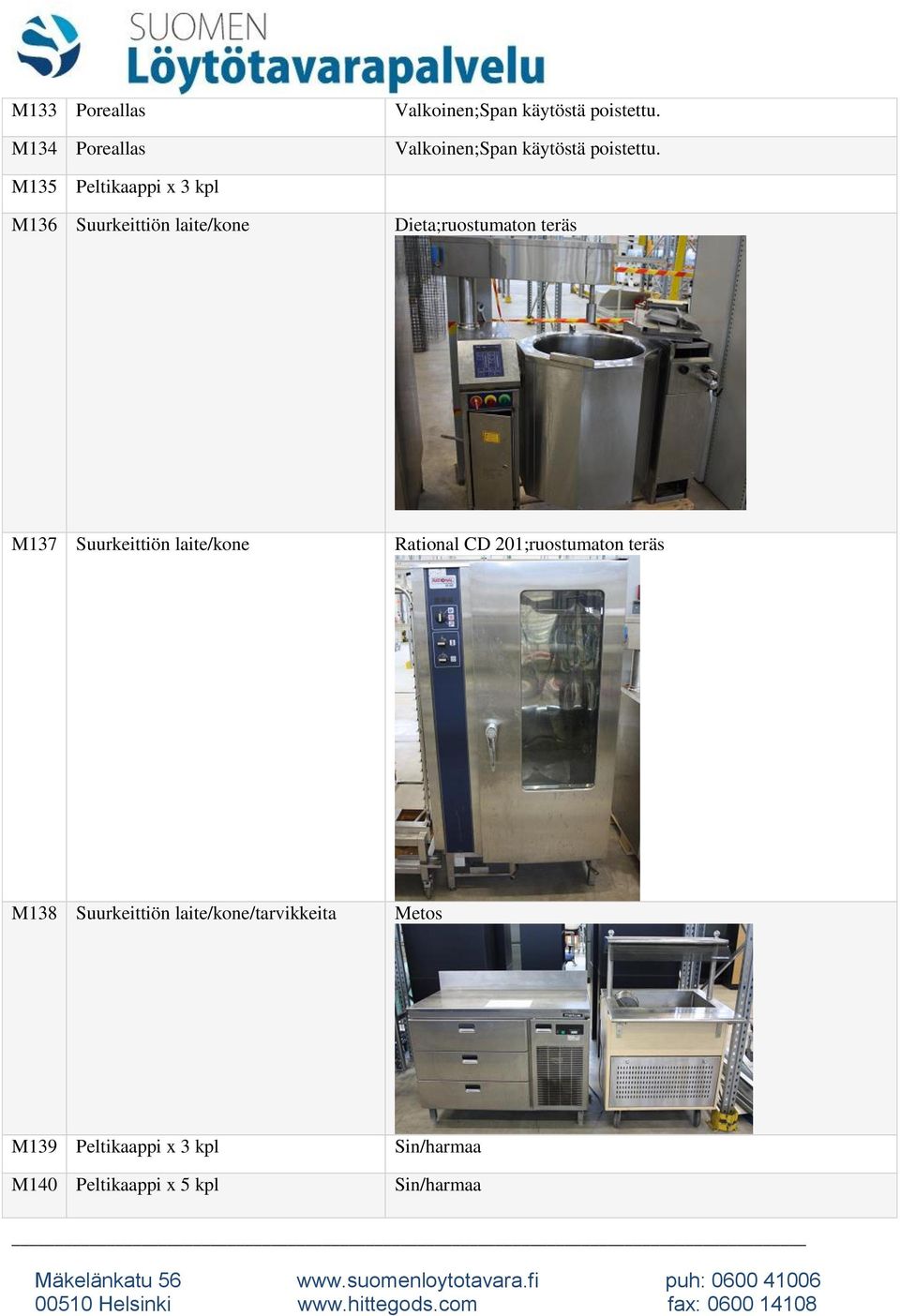 M135 Peltikaappi x 3 kpl M136 Suurkeittiön laite/kone Dieta;ruostumaton teräs M137