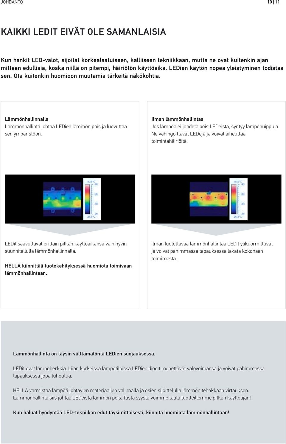 Lämmönhallinnalla Lämmönhallinta johtaa LEDien lämmön pois ja luovuttaa sen ympäristöön. Ilman lämmönhallintaa Jos lämpöä ei johdeta pois LEDeistä, syntyy lämpöhuippuja.