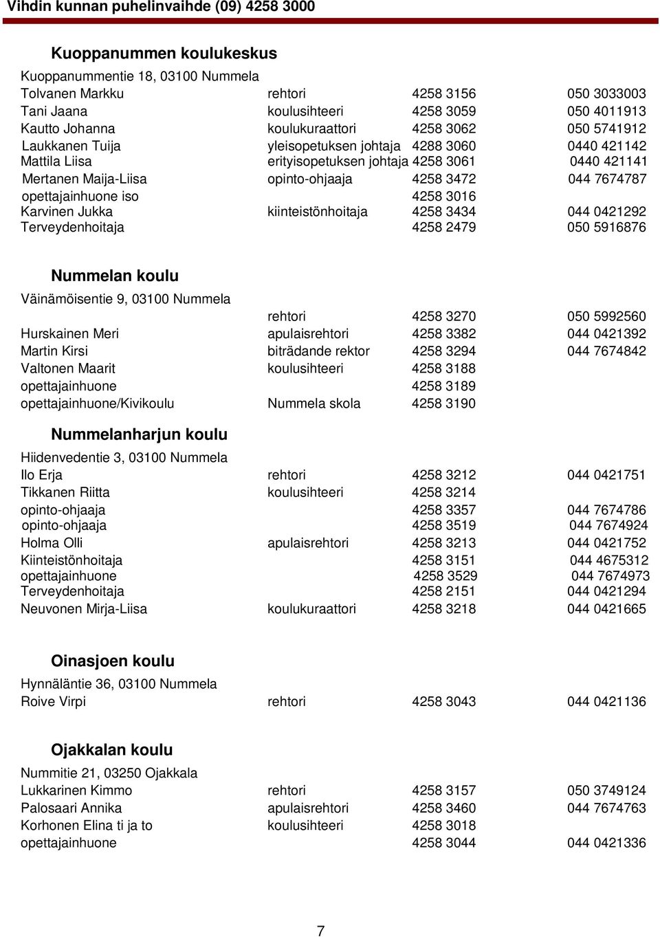 opettajainhuone iso 4258 3016 Karvinen Jukka kiinteistönhoitaja 4258 3434 044 0421292 Terveydenhoitaja 4258 2479 050 5916876 Nummelan koulu Väinämöisentie 9, 03100 Nummela rehtori 4258 3270 050