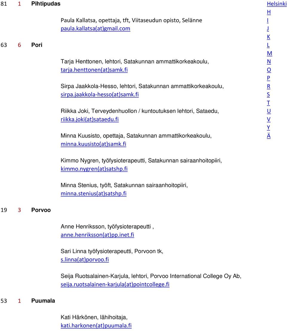 joki(at)sataedu.fi V inna uusisto, opettaja, Satakunnan ammattikorkeakoulu, minna.kuusisto(at)samk.fi immo ygren, työfysioterapeutti, Satakunnan sairaanhoitopiiri, kimmo.nygren(at)satshp.