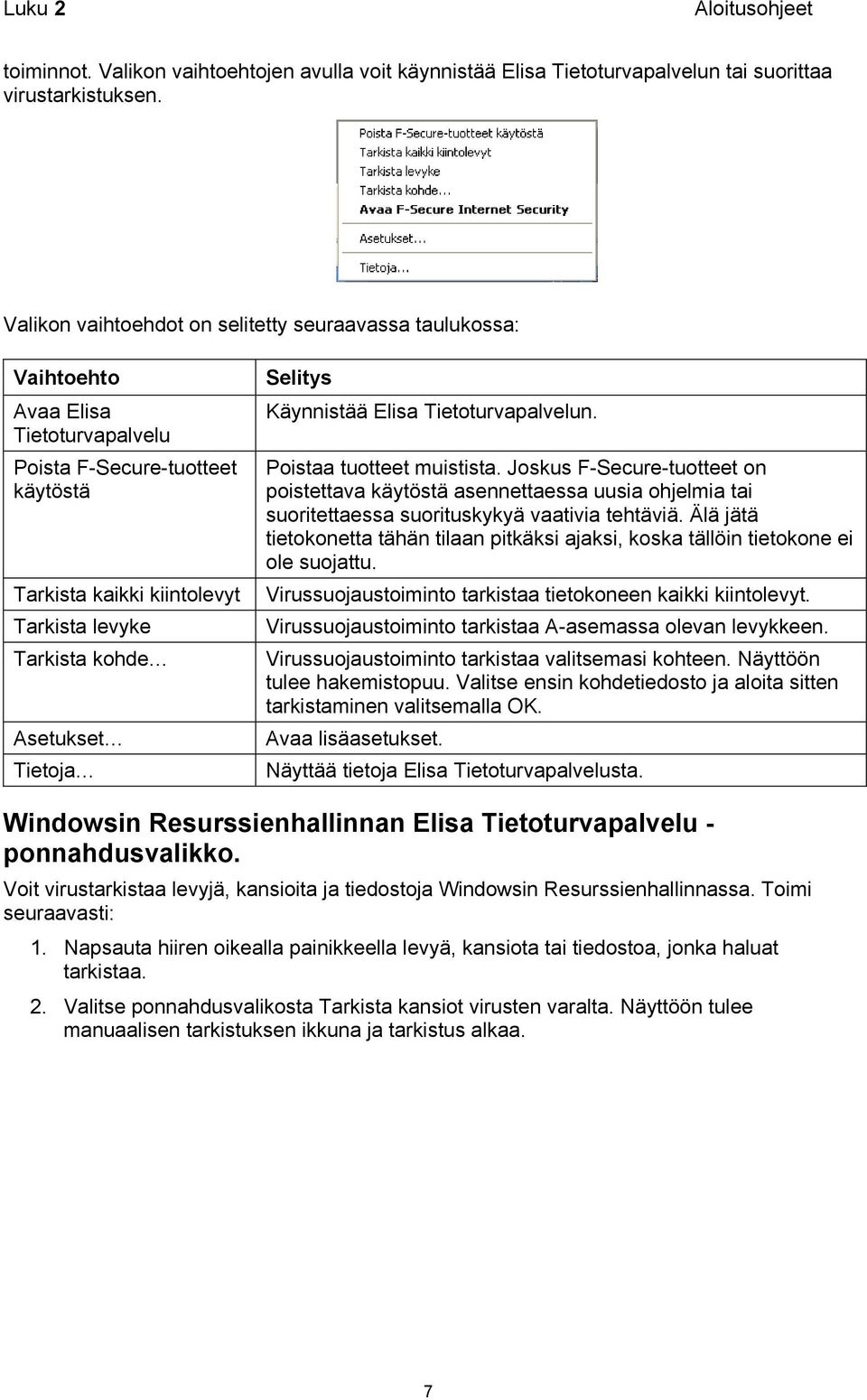 Tietoja Selitys Käynnistää Elisa Tietoturvapalvelun. Poistaa tuotteet muistista.