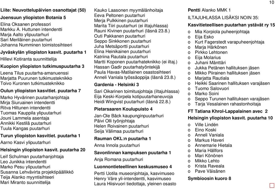 puutarha 1 Hillevi Kotiranta suunnittelija Kuopion yliopiston tutkimuspuutarha 3 Leena Tilus puutarha-amanuenssi Marjatta Puurunen tutkimusteknikko Toivo Kuronen tutkimusteknikko Oulun yliopiston