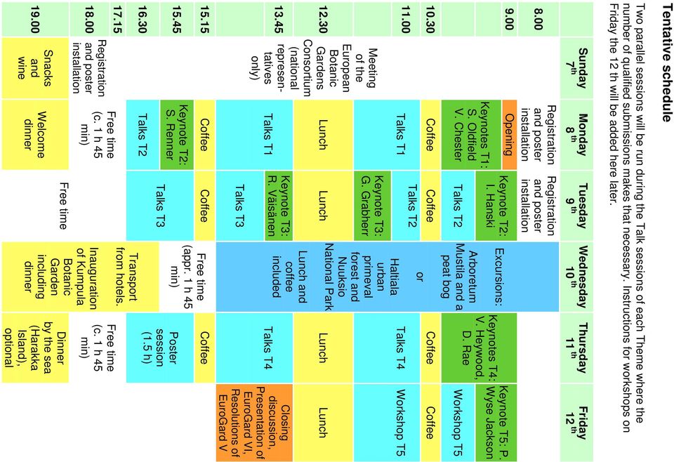 00 Opening 13.45 Registration and poster installation Keynote T2: I. Hanski Keynotes T1: S. Oldfield V. Chester Talks T2 Talks T1 Keynote T3: R.