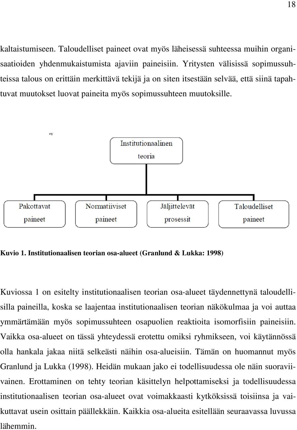 Institutionaalisen teorian osa-alueet (Granlund & Lukka: 1998) Kuviossa 1 on esitelty institutionaalisen teorian osa-alueet täydennettynä taloudellisilla paineilla, koska se laajentaa