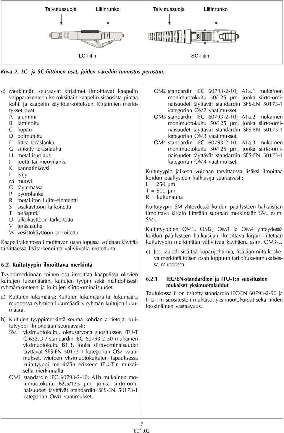 Kirjaimien merkitykset ovat A alumiini B laminoitu C kupari D poimutettu F litteä teräslanka G sinkitty teräsnauha H metallisuojaus J juutti tai muovilanka K kannatinköysi L lyijy M muovi O