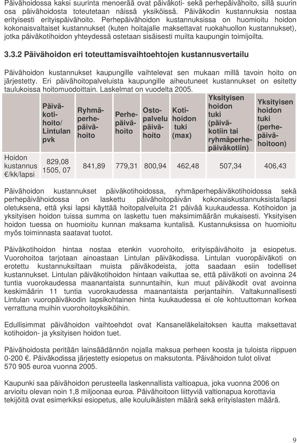 muilta kaupungin toimijoilta. 3.3.2 Päivähoidon eri toteuttamisvaihtoehtojen kustannusvertailu Päivähoidon kustannukset kaupungille vaihtelevat sen mukaan millä tavoin hoito on järjestetty.