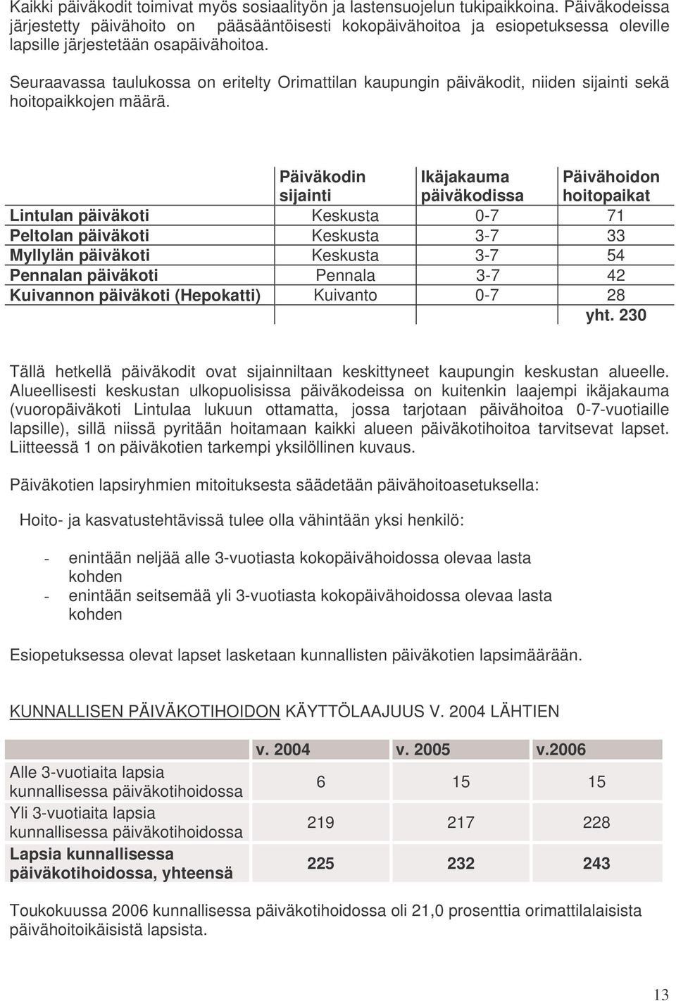 Seuraavassa taulukossa on eritelty Orimattilan kaupungin päiväkodit, niiden sijainti sekä hoitopaikkojen määrä.