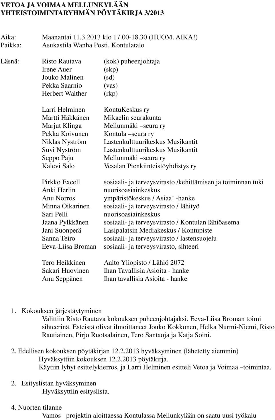 Klinga Pekka Koivunen Niklas Nyström Suvi Nyström Seppo Paju Kalevi Salo Pirkko Excell Anki Herlin Anu Norros Minna Oikarinen Sari Pelli Jaana Pylkkänen Jani Suonperä Sanna Teiro Eeva-Liisa Broman