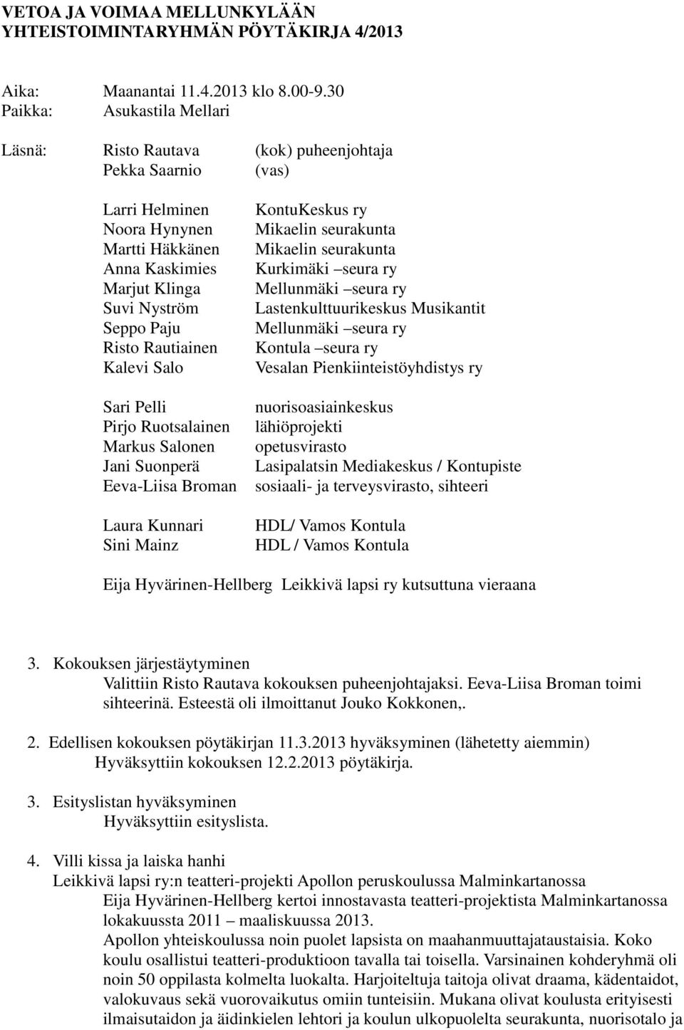 Rautiainen Kalevi Salo Sari Pelli Pirjo Ruotsalainen Markus Salonen Jani Suonperä Eeva-Liisa Broman Laura Kunnari Sini Mainz KontuKeskus ry Mikaelin seurakunta Mikaelin seurakunta Kurkimäki seura ry