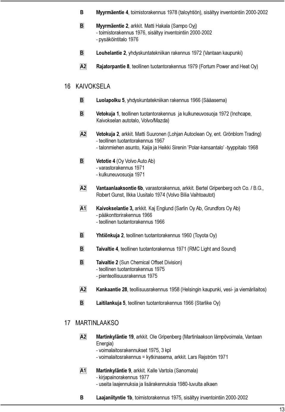 tuotantorakennus 1979 (Fortum Power and Heat Oy) 16 KAIVOKSELA Luolapolku 5, yhdyskuntatekniikan rakennus 1966 (Sääasema) Vetokuja 1, teollinen tuotantorakennus ja kulkuneuvosuoja 1972 (Inchcape,