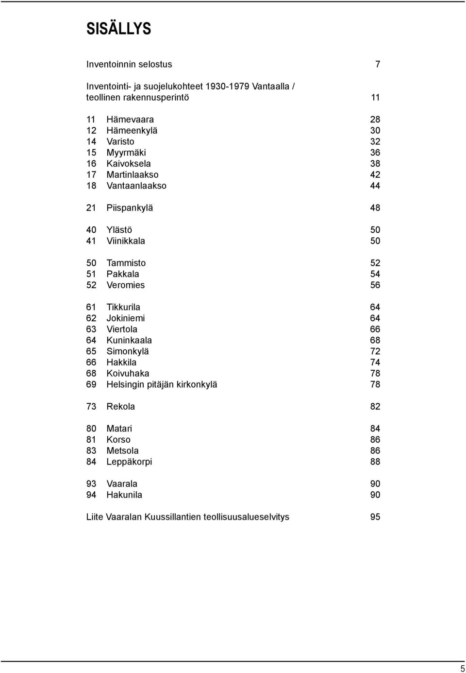 54 52 Veromies 56 61 Tikkurila 64 62 Jokiniemi 64 63 Viertola 66 64 Kuninkaala 68 65 Simonkylä 72 66 Hakkila 74 68 Koivuhaka 78 69 Helsingin pitäjän